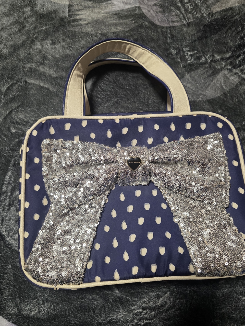 Betsey Johnson Navy and Cream Polka Dot Sequin Bow Cosmetic Bag